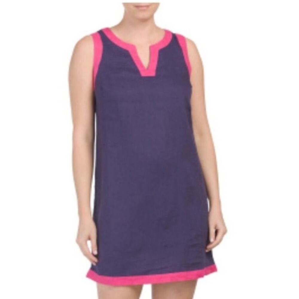 Sigrid Olsen Size Large 100% Linen Navy Tank Dress Pink Trim